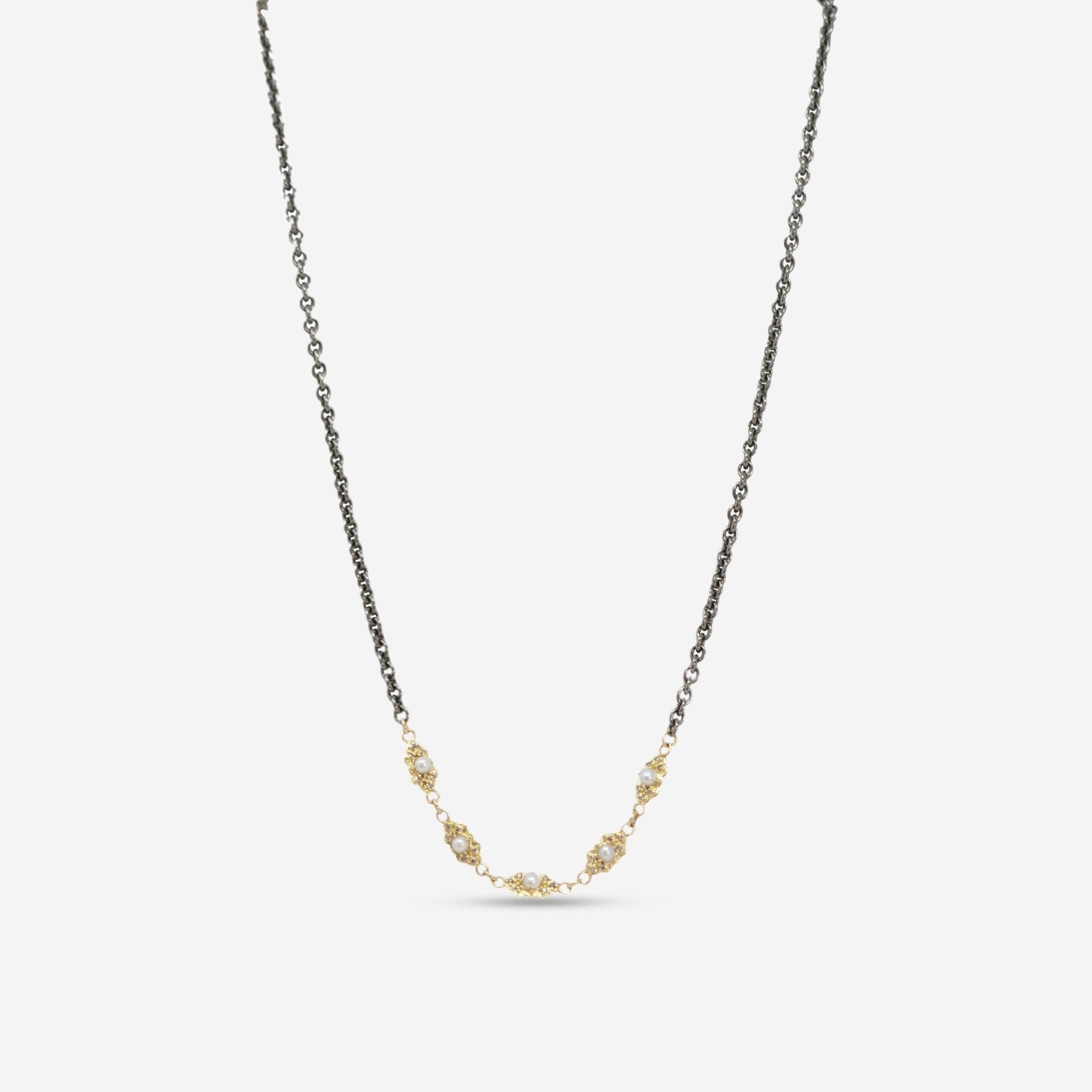 Armenta 18K Yellow Gold, Sterling Silver Pearl & Diamond Scroll Stations Chain Link Necklace 20096 - THE SOLIST - Armenta