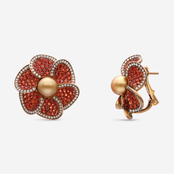 Assael 18K Yellow Gold, Golden South Sea Cultured Pearl, Orange Sapphire 5.19 ct. tw. and Diamond 1.03ct. tw. Flower Earrings AFE0005 - THE SOLIST - Assael