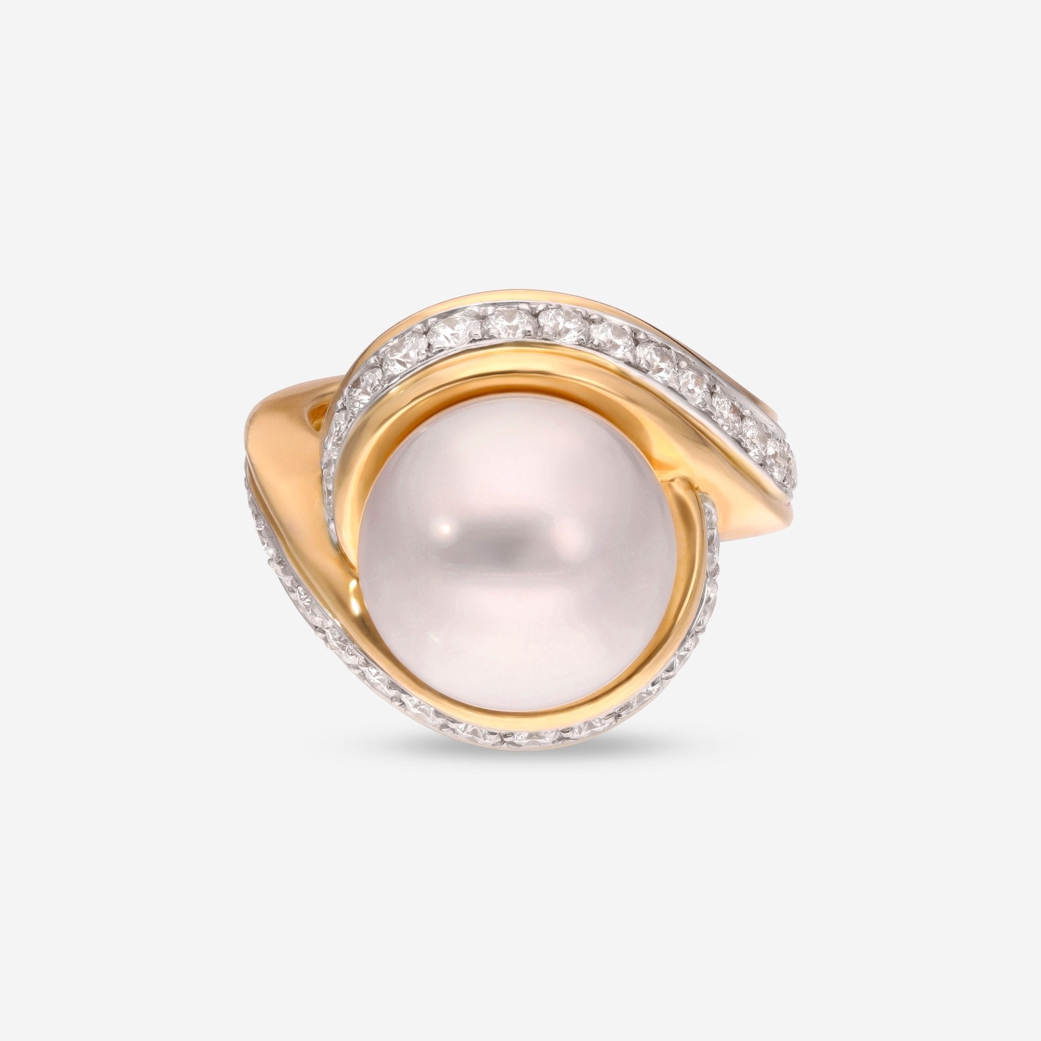 Assael Angela Cummings 18K Yellow Gold and Platinum, South Sea Pearl and Diamond 1.31ct. tw. Statement Ring Sz. 6.5 ACR0069 - THE SOLIST - Assael