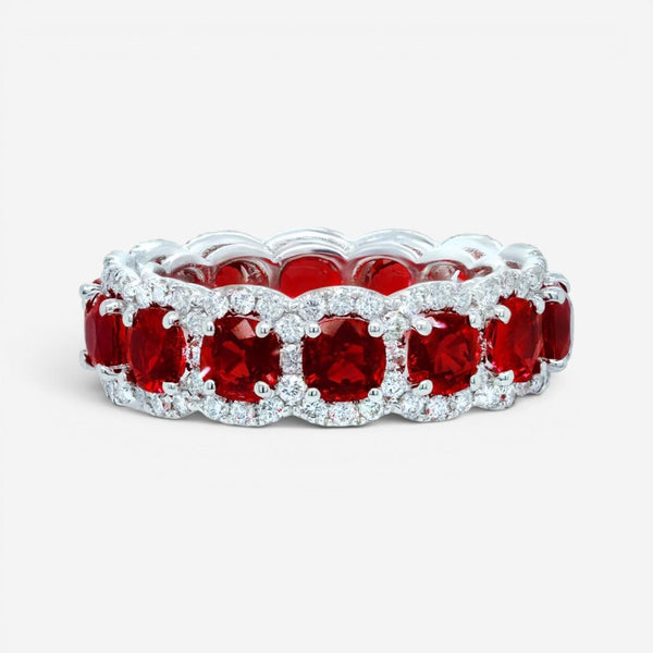 Diana M. Jewels 18K White Gold Ruby & Diamond Halo Band Ring Sz. 6 WB5151