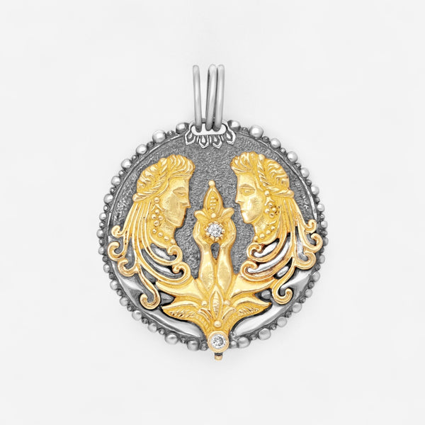 Konstantino Zodiac Gemini Sterling Silver & 18K Yellow Gold Diamond Carved Pendant MEKJ625-109 - THE SOLIST