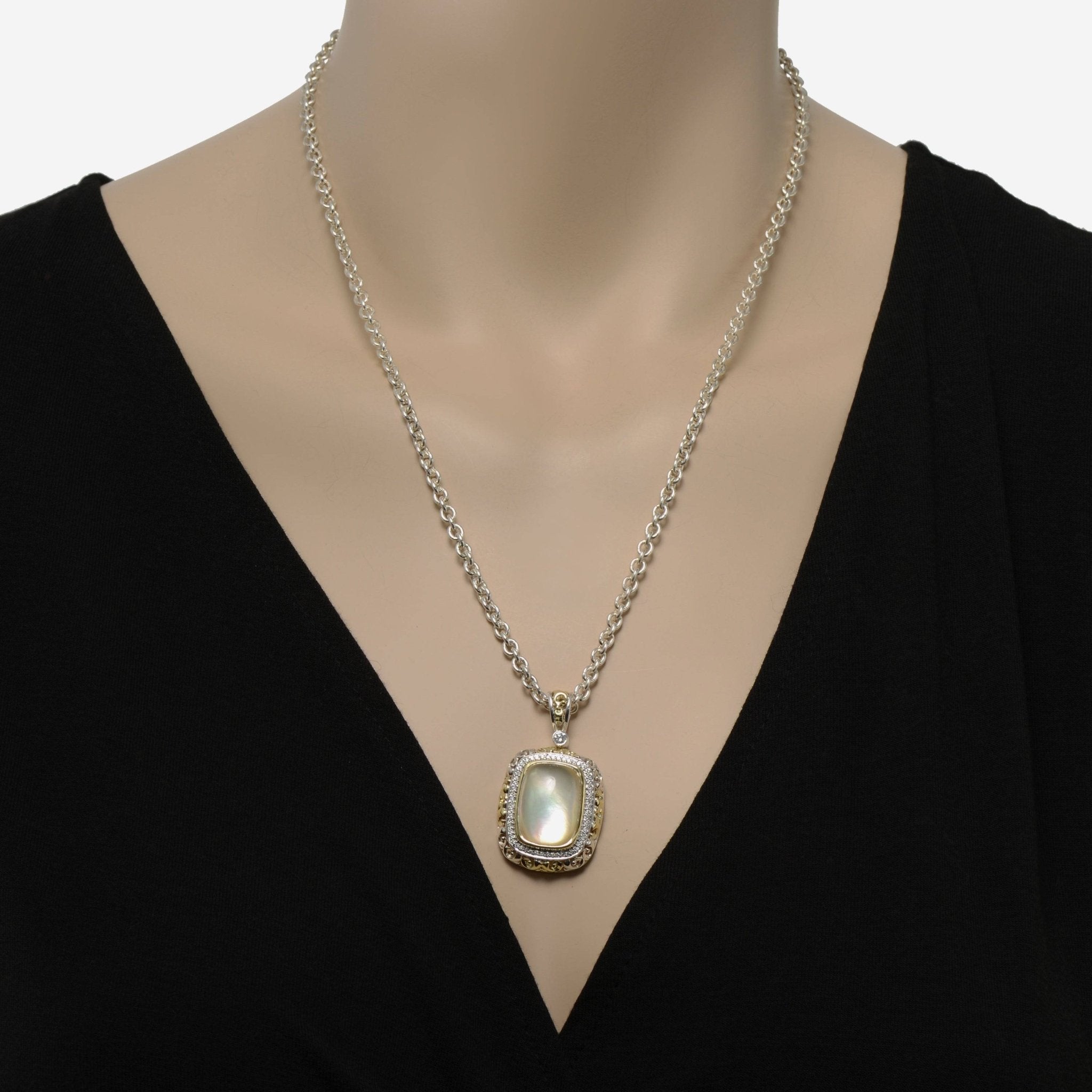 Charles Krypell Sterling Silver and 18K Yellow Gold, White Mother of Pearl and White Diamond 0.35ct. tw. Pendant Necklace 4 - 6512 - SWMPD - THE SOLIST - Charles Krypell