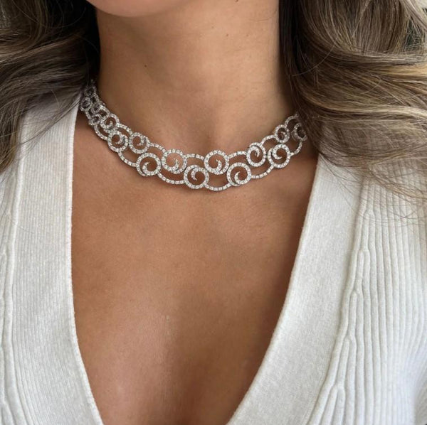 Diana M. Jewels 18K White Gold Diamond Swirl Choker Necklace DNK1505