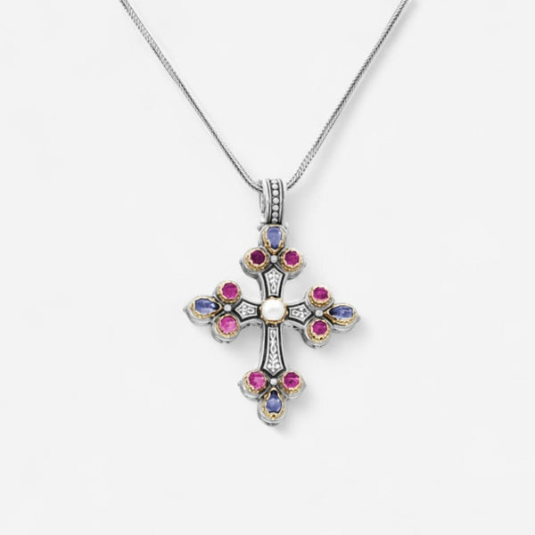 Konstantino Sterling Silver & 18K Yellow Gold Multistone Cross Pendant STMK6899-999-CAB