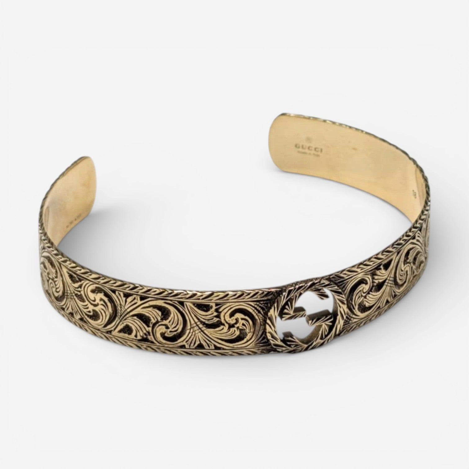 Gucci Interlocking GG 18K Yellow Gold Logo Engraved Cuff Bracelet YBA5798940010 - THE SOLIST