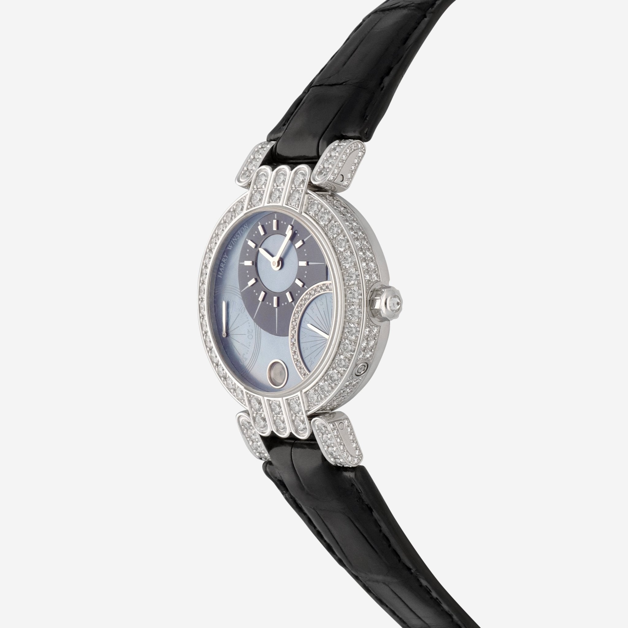 Harry Winston Premier Excenter Retrogrades 18K White Gold Diamonds 34mm Blue Mother of Pearl Automatic Watch PREABI34WW030 - THE SOLIST - Harry Winston