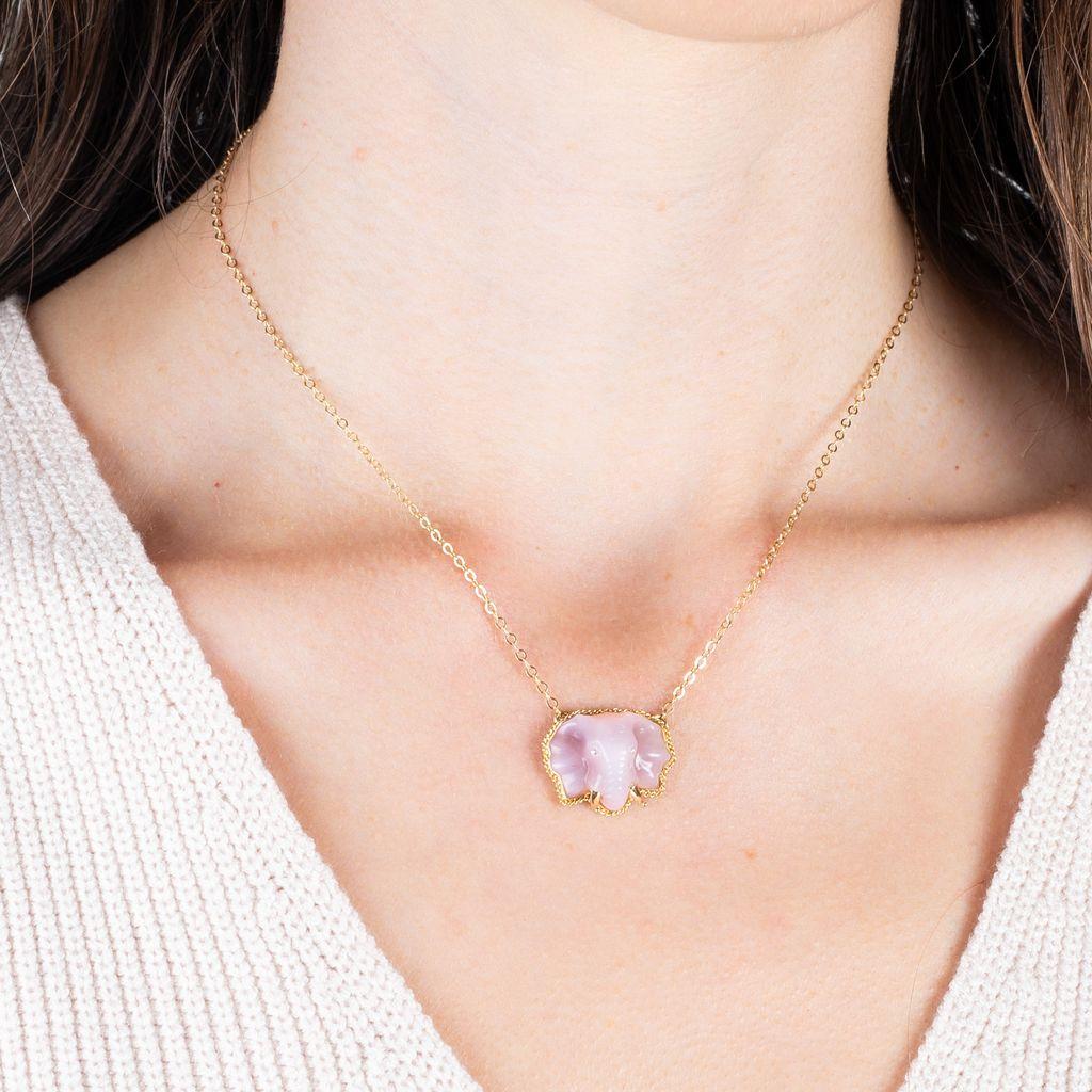 Amáli One of a Kind 18K Yellow Gold Pink Opal Elephant Pendant Necklace N-3437