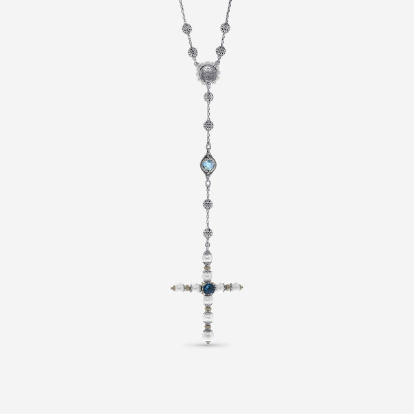 Konstantino Blue Topaz, Iolite and Pearl Cross Lariat Necklace KOMK4733 - 999 - CUT - THE SOLIST - Konstantino