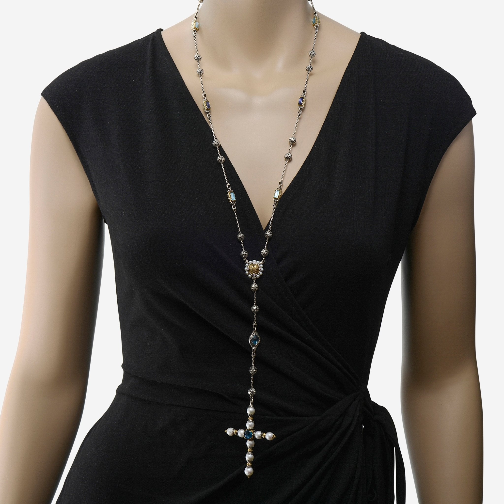 Konstantino Blue Topaz, Iolite and Pearl Cross Lariat Necklace KOMK4733 - 999 - CUT - THE SOLIST - Konstantino