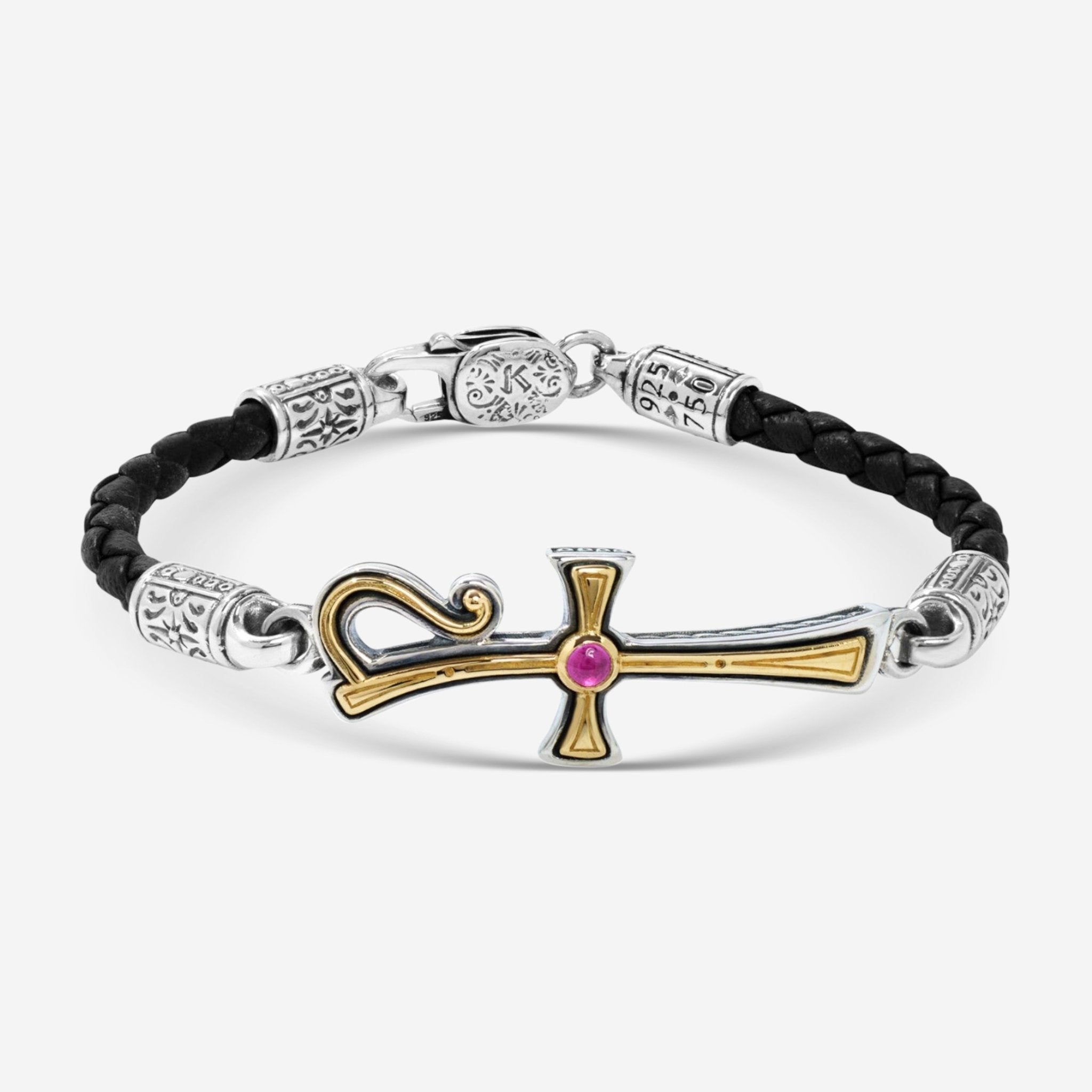 Dome Sterling Silver & 18K Yellow Gold Corundum Leather Bracelet BKJ701 538 BLK