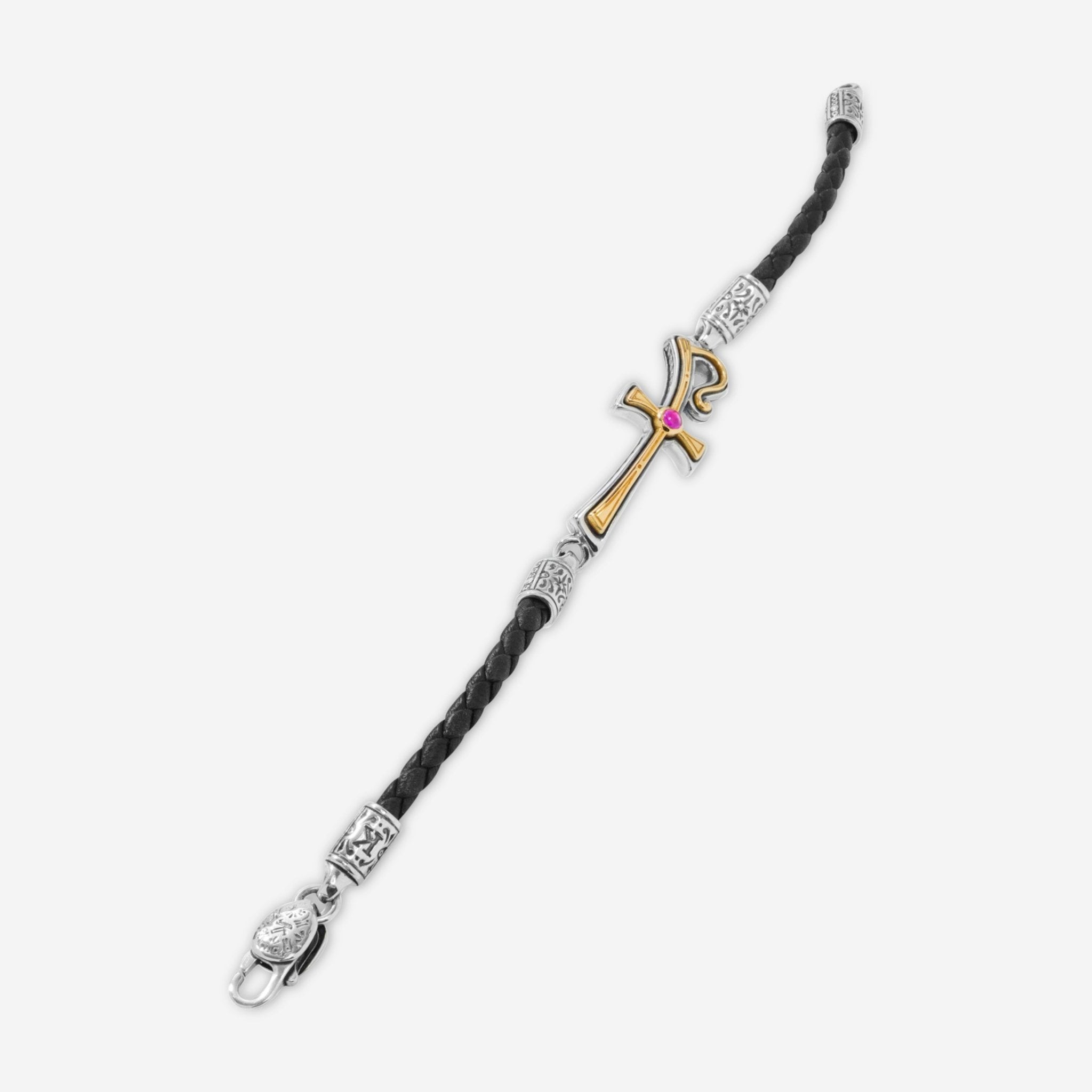 Konstantino Dome Sterling Silver & 18K Yellow Gold Corundum Leather Bracelet BKJ701 - 538 - BLK - THE SOLIST - Konstantino