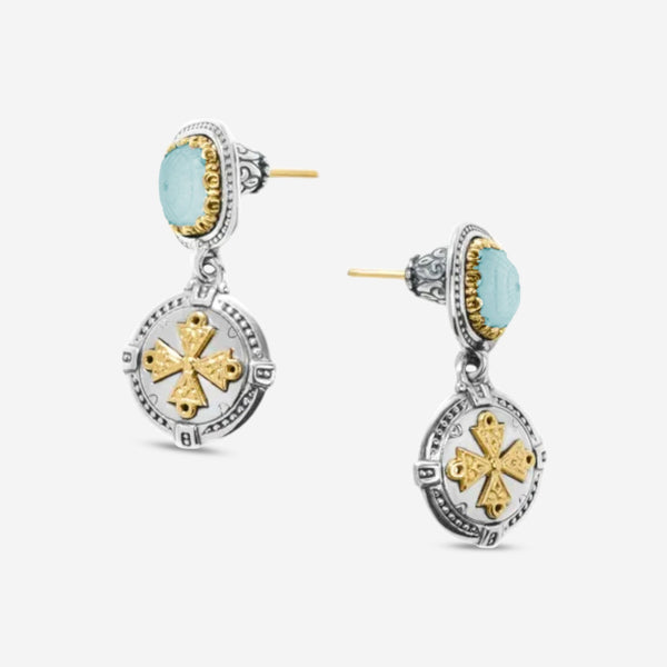 Konstantino Dome Sterling Silver & 18K Yellow Gold Mother of Pearl & Blue Spinel Drop Earrings SKKJ701 - 628 - THE SOLIST - Konstantino