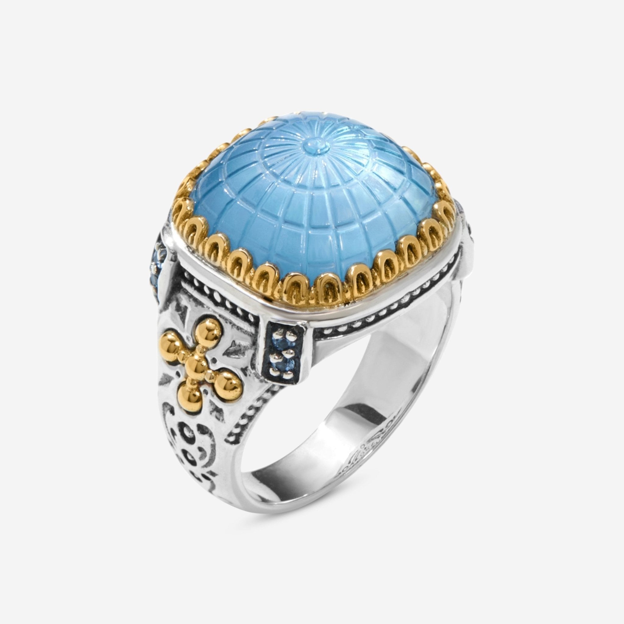 Konstantino Dome Sterling Silver & 18k Yellow Gold Mother of Pearl & Blue Spinel Ring Sz. 7 DKJ978 - 629 - S7 - THE SOLIST - Konstantino