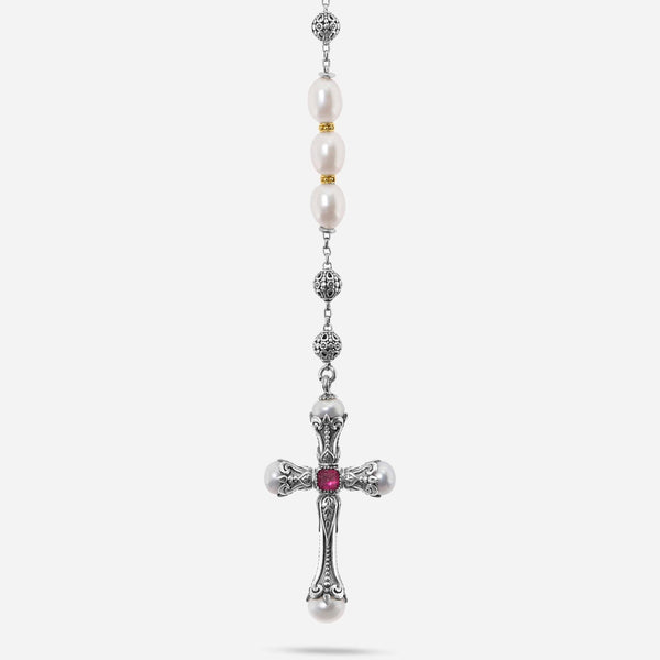 Konstantino Kleos Sterling Silver and 18K Yellow Gold, Pearl and Pink Tourmaline Lariat Necklace - THE SOLIST - Konstantino