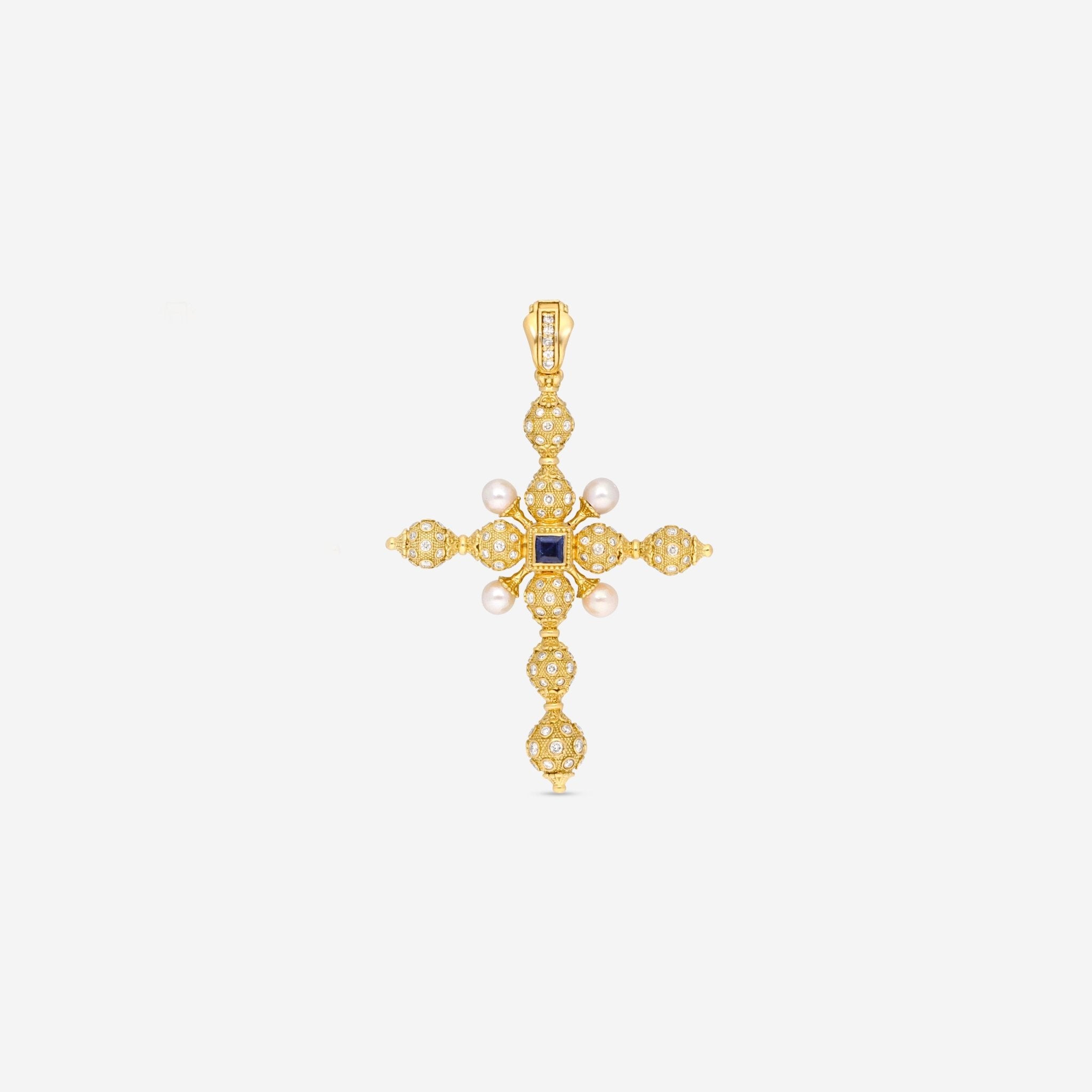 Konstantino Melissa 18K Yellow Gold, Brown Diamond, Sapphire and Pearl Cross Pendant - THE SOLIST - Konstantino