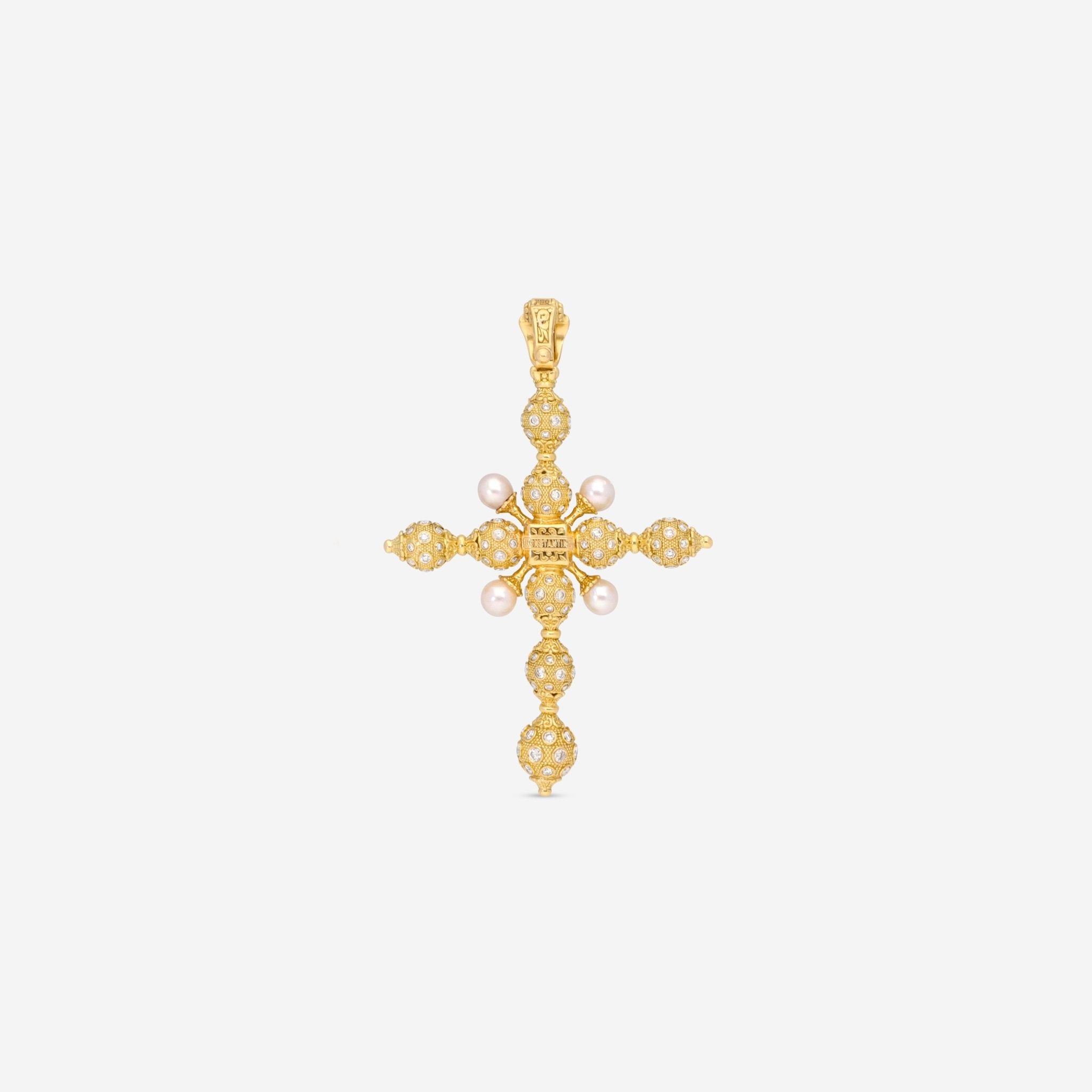 Konstantino Melissa 18K Yellow Gold, Brown Diamond, Sapphire and Pearl Cross Pendant - THE SOLIST - Konstantino