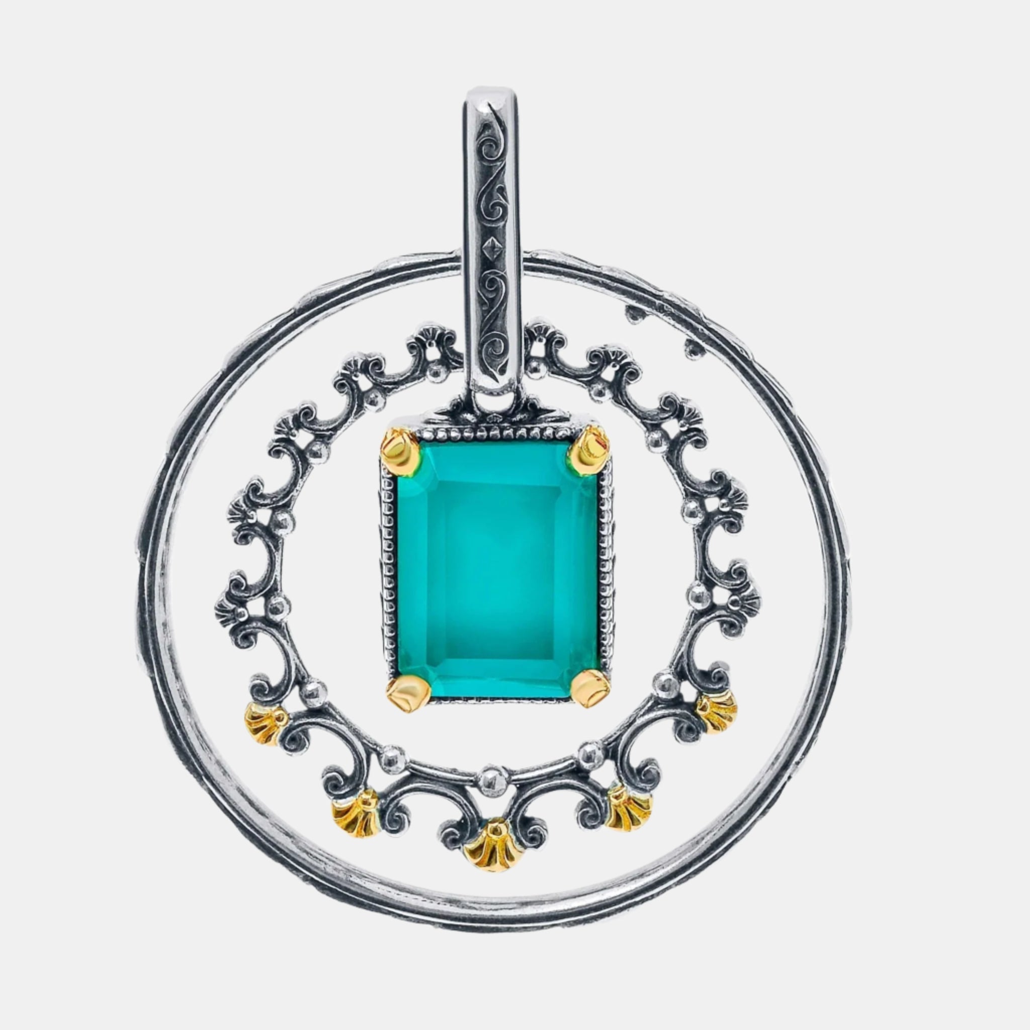 Konstantino Naiads Sterling Silver and 18K Yellow Gold, Teal Chalcedony Double Circle Doublet Pendant MEKJ686 - 498 - THE SOLIST - Konstantino