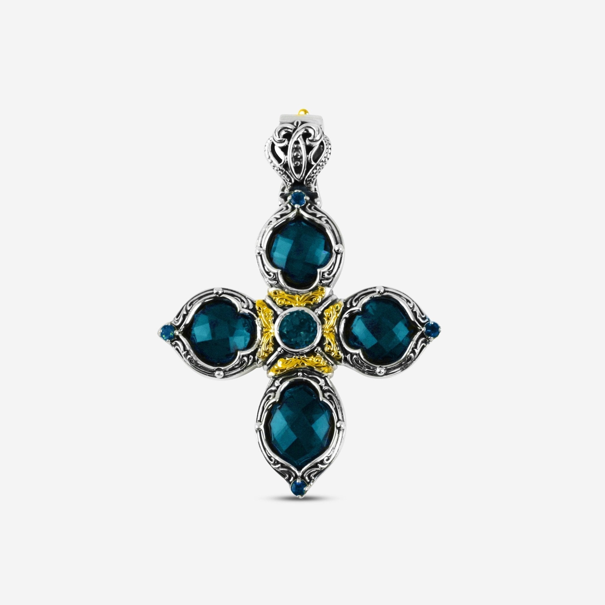Konstantino Thalassa Sterling Silver & 18K Yellow Gold London Blue Topaz Cross Pendant STMK6949-298-CUT - THE SOLIST