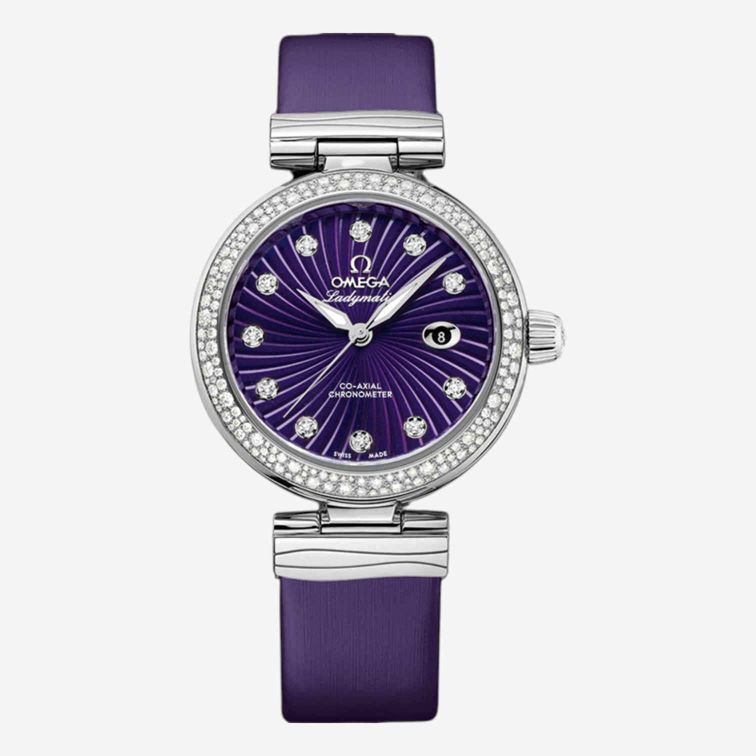 THE SOLIST Omega De Ville Ladymatic watch with purple supernova dial, diamond bezel, and purple leather strap.
