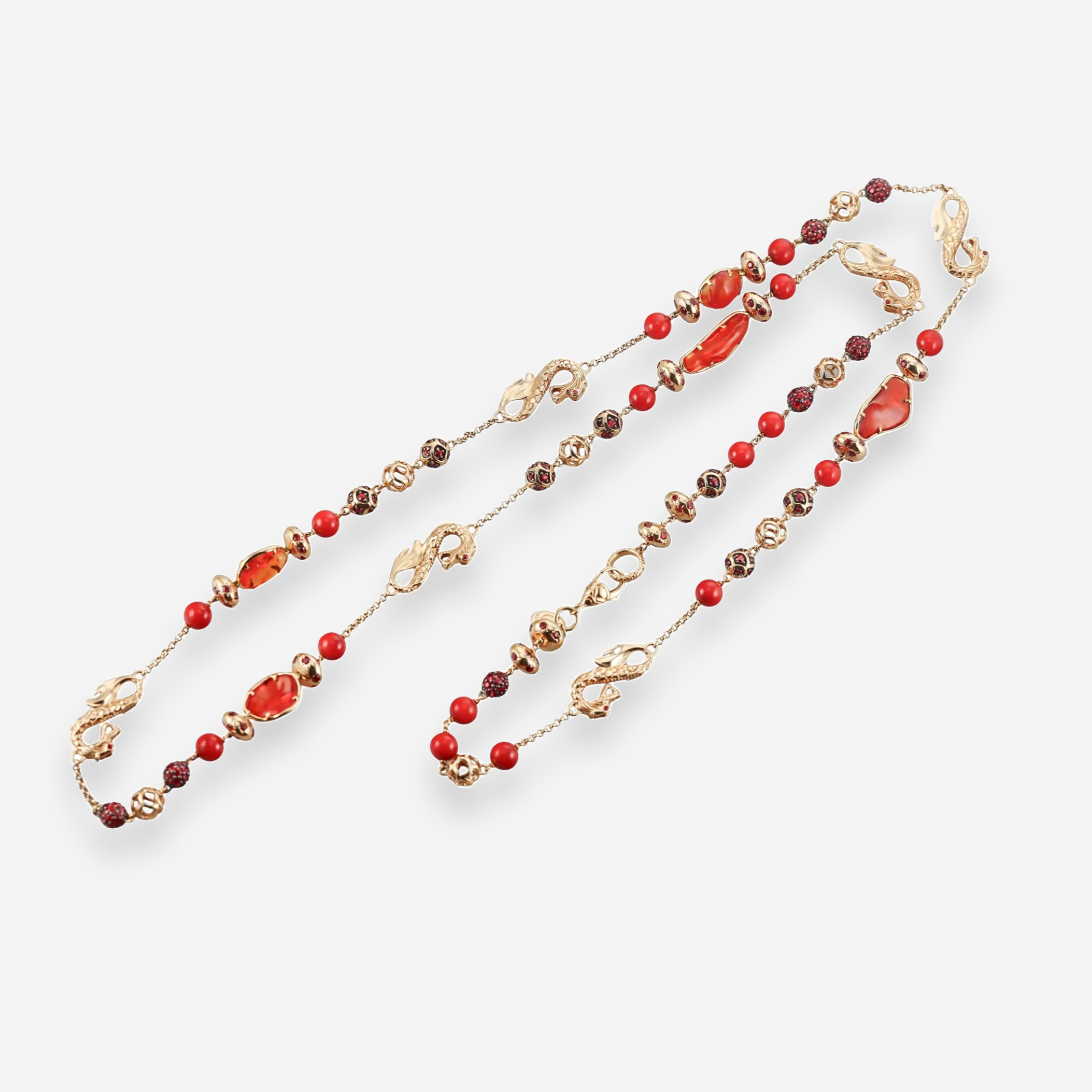 John Hardy Naga 18K Yellow Gold Fire Opal, Orange Sapphire and Coral Station Necklace OG-36253 - THE SOLIST