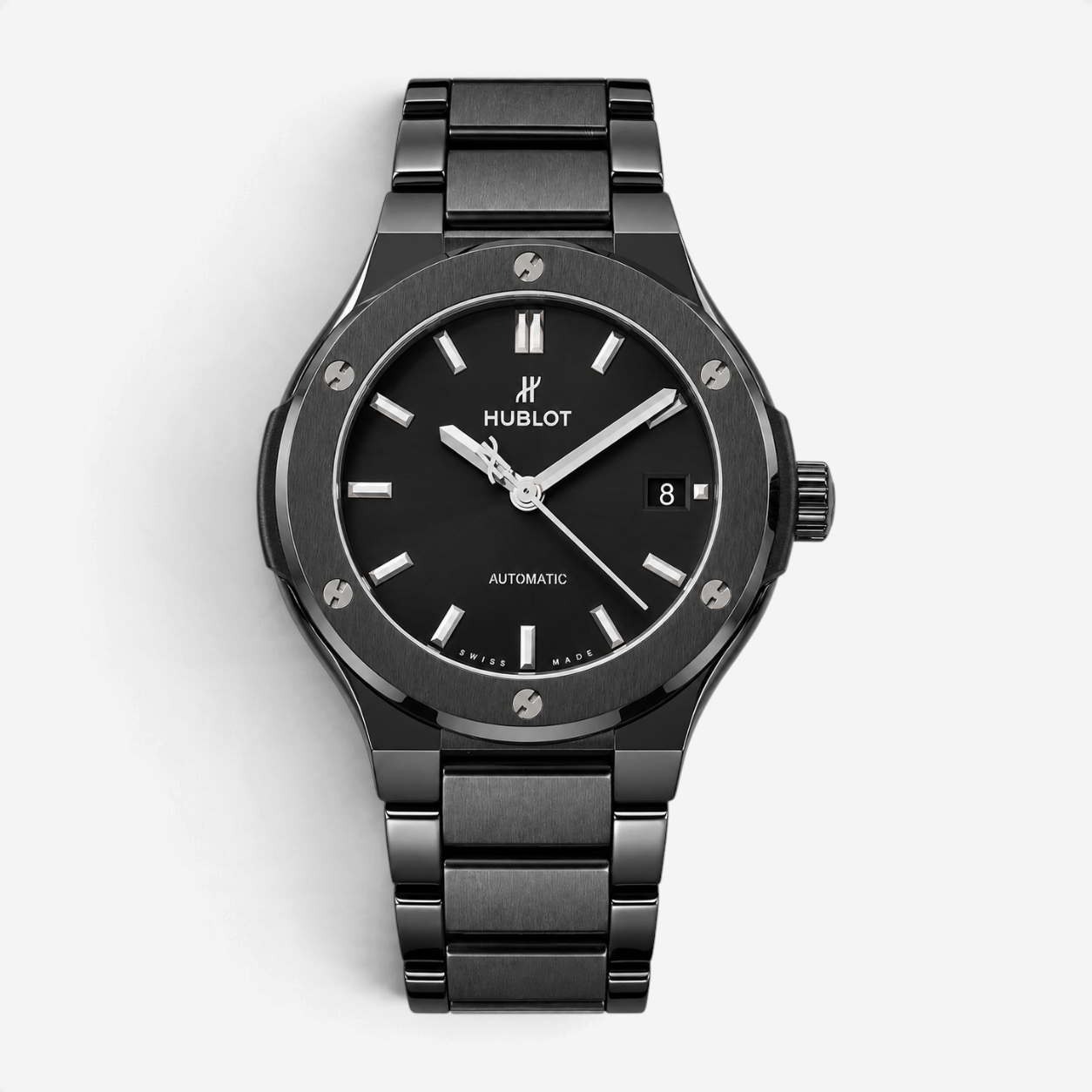 THE SOLIST Hublot Classic Fusion Black Magic watch in black ceramic with a matte dial and integrated link bracelet.