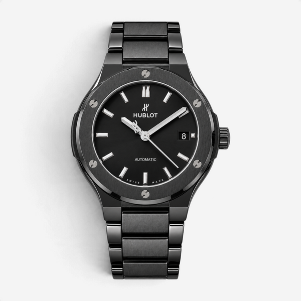 THE SOLIST Hublot Classic Fusion Black Magic watch in black ceramic with a matte dial and integrated link bracelet.