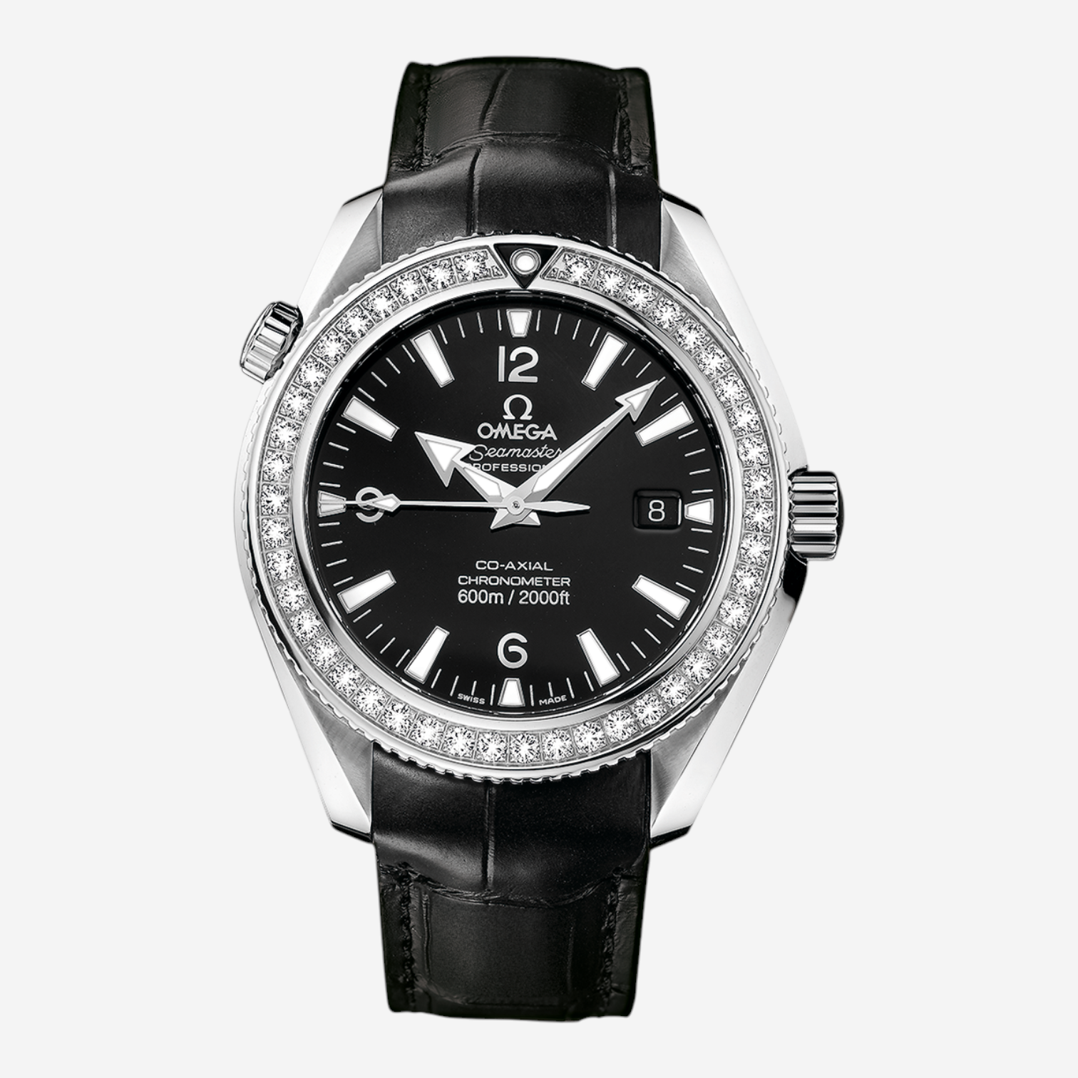 THE SOLIST Omega Seamaster Planet Ocean watch with a diamond bezel, black dial, and black alligator leather strap.