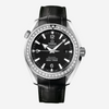 THE SOLIST Omega Seamaster Planet Ocean watch with a diamond bezel, black dial, and black alligator leather strap.