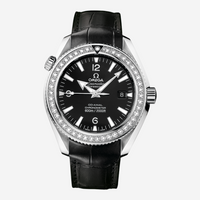 THE SOLIST Omega Seamaster Planet Ocean watch with a diamond bezel, black dial, and black alligator leather strap.