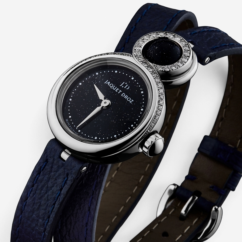 THE SOLIST Jaquet Droz Lady 8 Petite watch with blue aventurine dial, diamond bezel, and double-wrap leather strap.