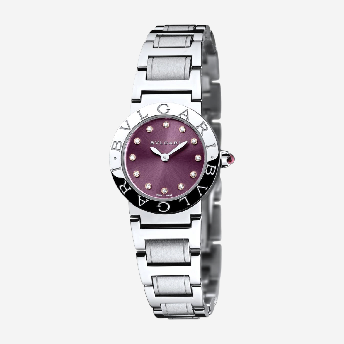 THE SOLIST Bulgari Bulgari ladies watch with purple sunray dial, diamond markers, and stainless steel bracelet.