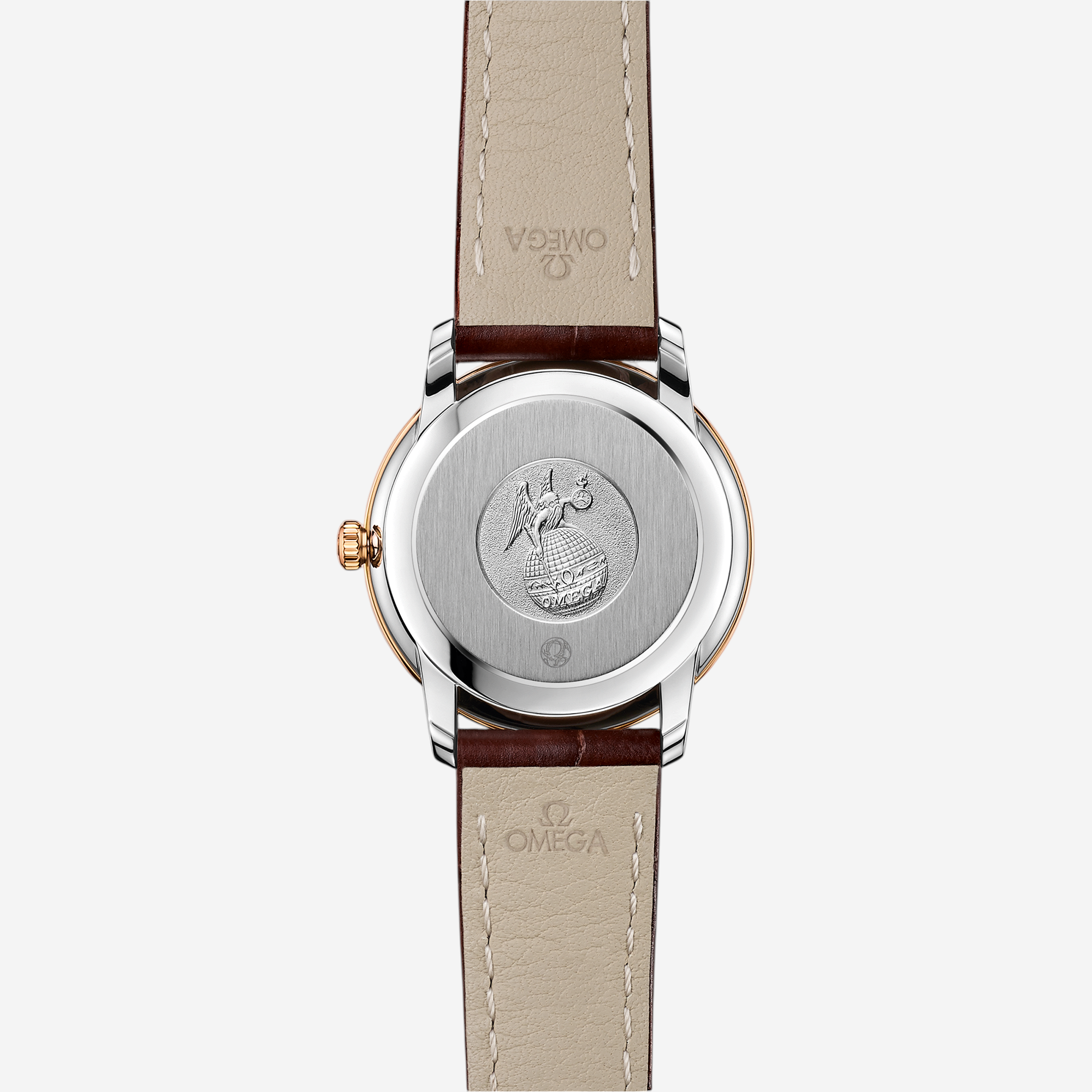 THE SOLIST Omega De Ville Prestige watch case back showing the Chronos medallion engraving and brown leather strap.