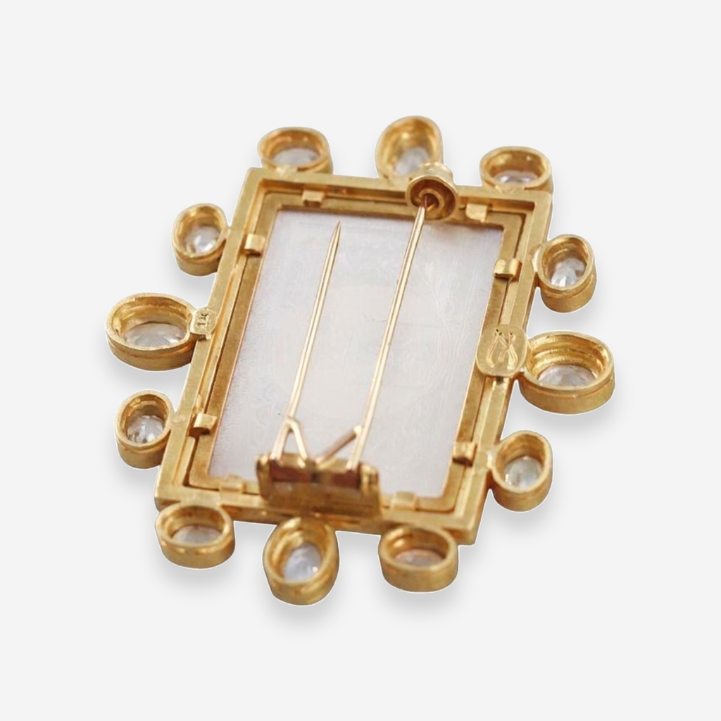 Elizabeth Locke 18K Yellow Gold Moonstone and Carved Mother of Pearl Gambling Counter Brooch OG-36174 - THE SOLIST