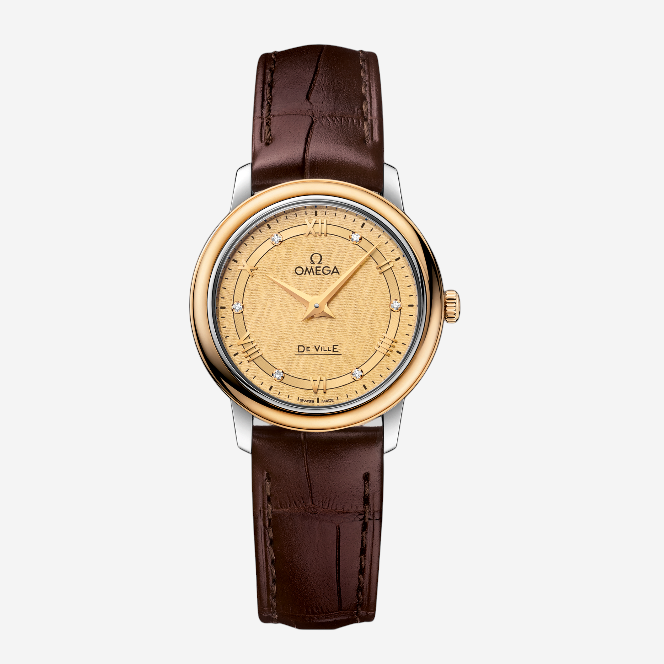 THE SOLIST Omega De Ville Prestige ladies watch with champagne silk-pattern dial, diamond markers, and brown leather strap