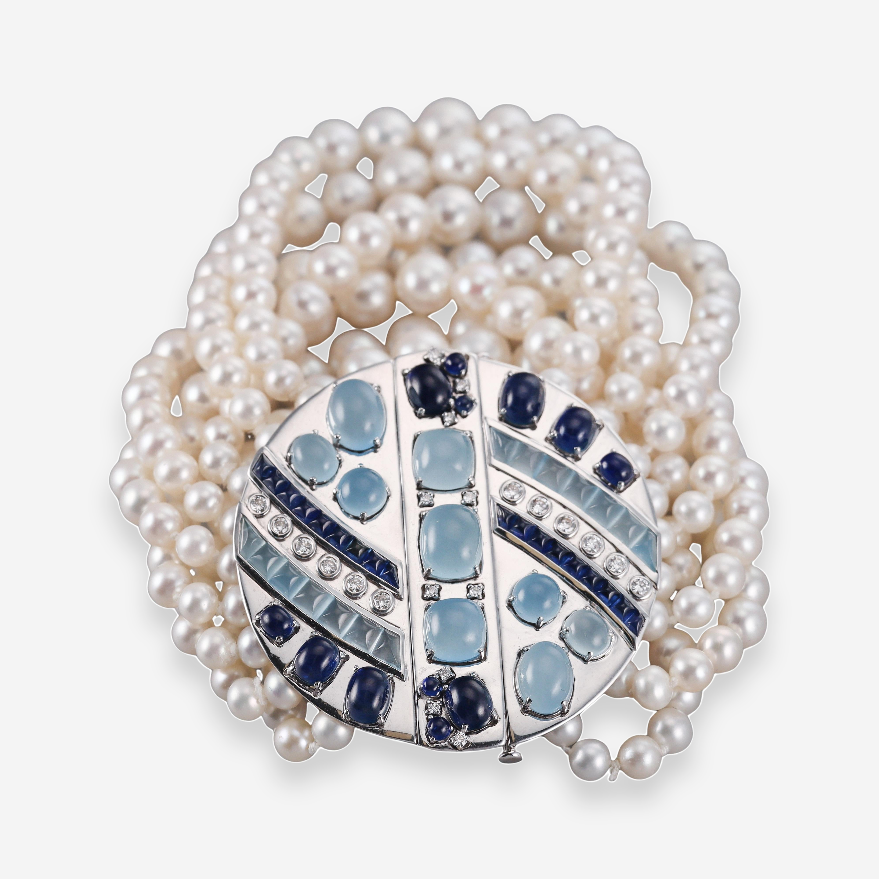 Seaman Schepps 18K White Gold Pearl, Aquamarine, Sapphire and Diamond Multi-Strand Bracelet OG-36079 - THE SOLIST