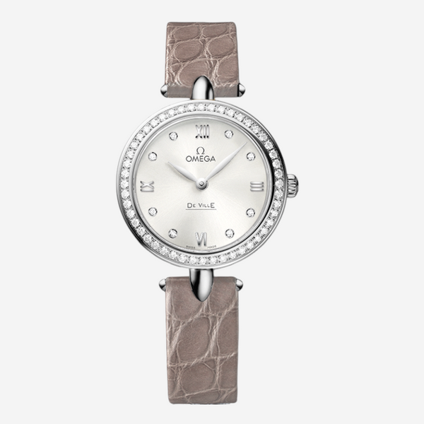 THE SOLIST Omega De Ville Prestige ladies watch with silver dial, diamond bezel, and beige alligator leather strap.