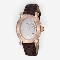 THE SOLIST Chopard Happy Sport oval watch in 18K rose gold with mother of pearl dial, floating diamonds, and brown strap