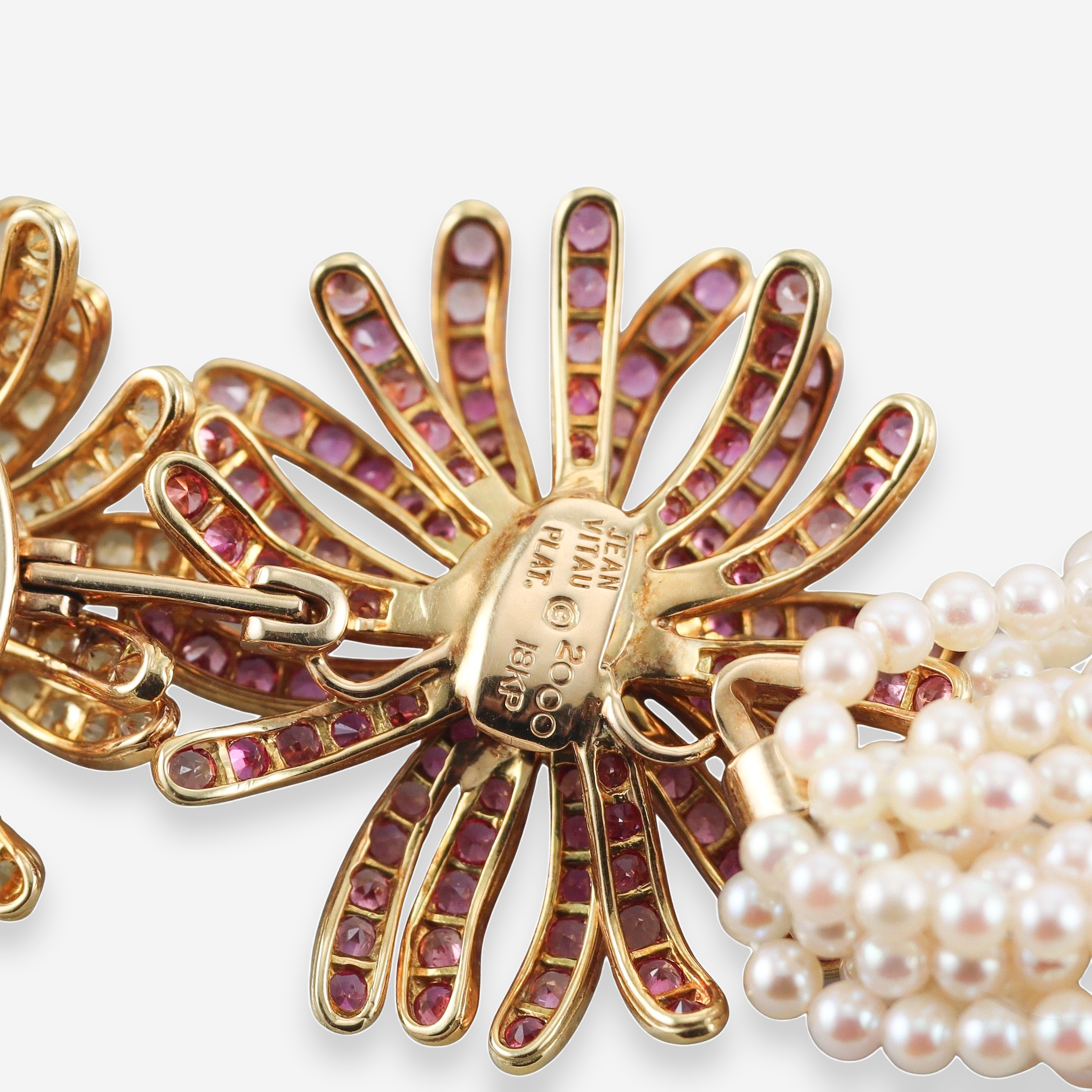 Jean Vitau 18K Yellow Gold Platinum Pearl Sapphire Diamond Multi-Strand Necklace OG-36240