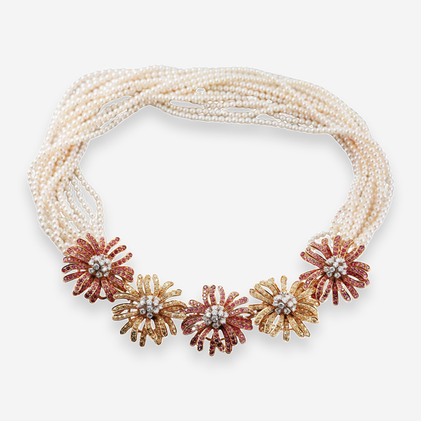 Jean Vitau 18K Yellow Gold Platinum Pearl Sapphire Diamond Multi-Strand Necklace OG-36240