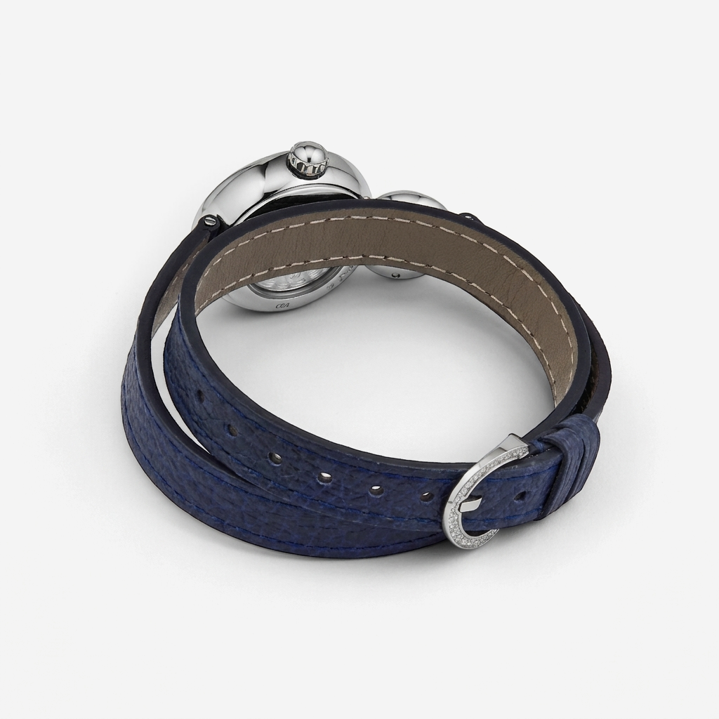 THE SOLIST Jaquet Droz Lady 8 Petite watch featuring a double-wrap blue grained leather strap and diamond-set buckle.