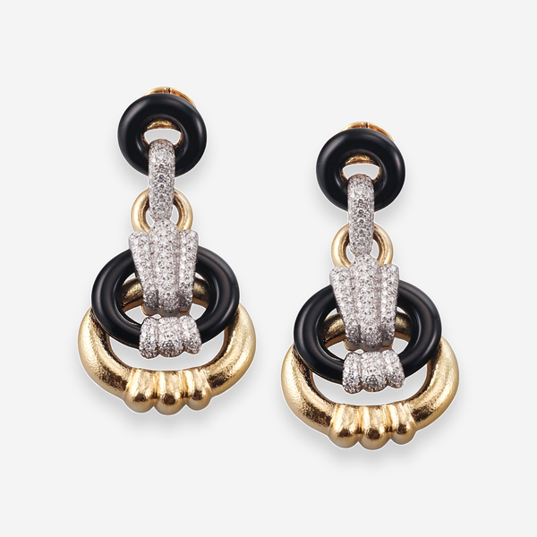 David Webb Creole 18K Yellow Gold Platinum Diamond Onyx Drop Earrings OG-36309 - THE SOLIST