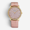 THE SOLIST Piaget Altiplano rose gold watch with diamond bezel, pink mother-of-pearl dial, and pink alligator strap.