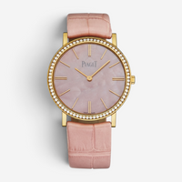 THE SOLIST Piaget Altiplano rose gold watch with diamond bezel, pink mother-of-pearl dial, and pink alligator strap.
