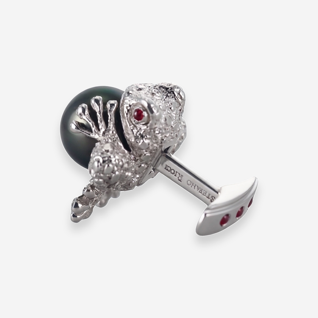 Stefano Ricci 18K White Gold Black South Sea Pearl Diamond Ruby Frog Cufflinks OG-35329 - THE SOLIST