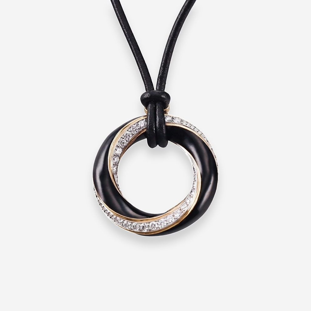 David Webb 18K Yellow Gold Platinum Diamond Black Enamel Pendant Necklace OG-35544 - THE SOLIST