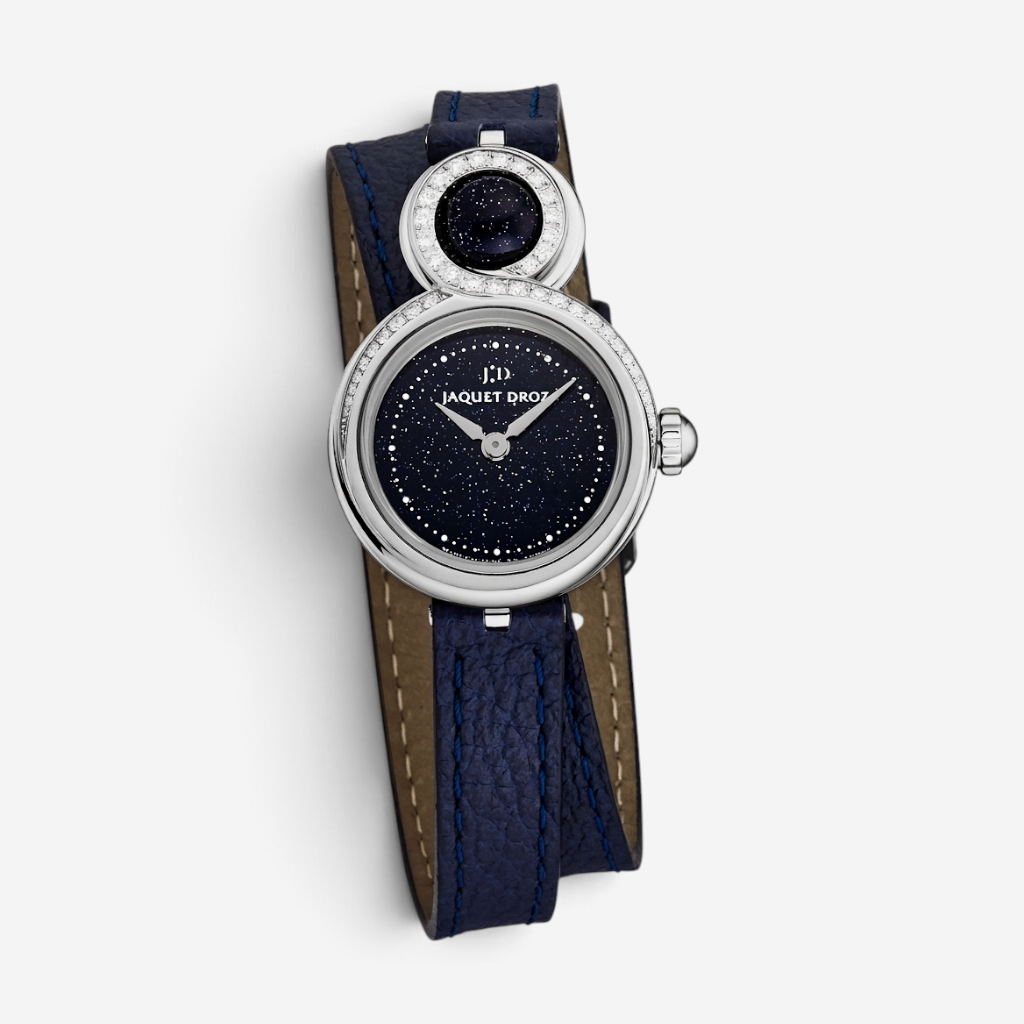 THE SOLIST Jaquet Droz Lady 8 Petite watch with blue aventurine dial, diamond bezel, and double-wrap leather strap.