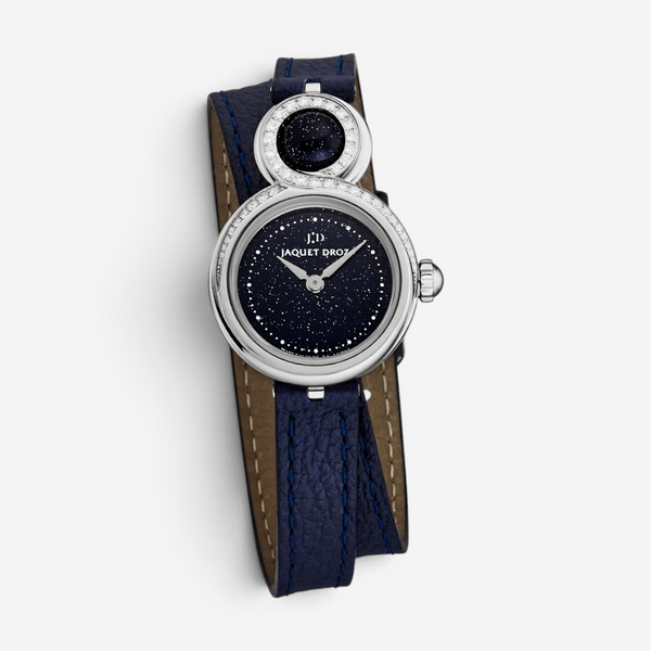 THE SOLIST Jaquet Droz Lady 8 Petite watch with blue aventurine dial, diamond bezel, and double-wrap leather strap.