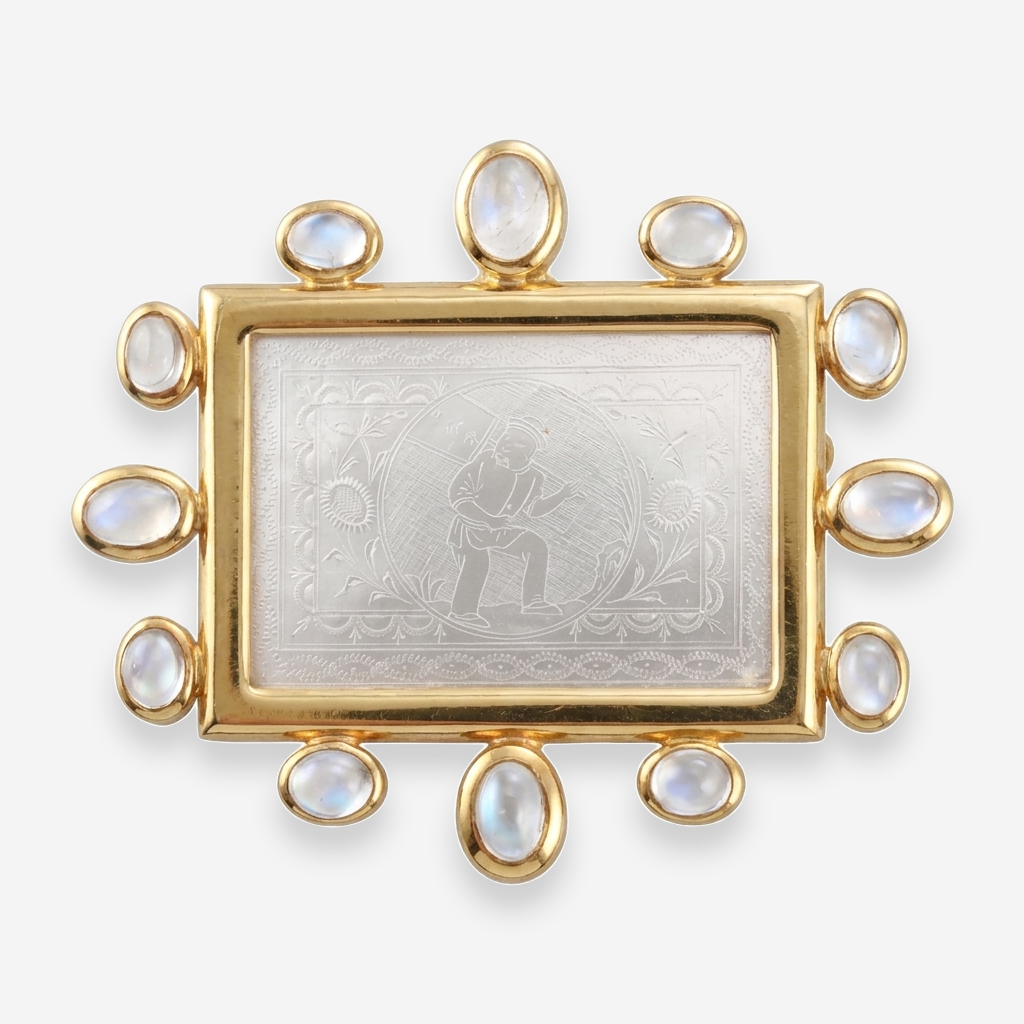 Elizabeth Locke 18K Yellow Gold Moonstone and Carved Mother of Pearl Gambling Counter Brooch OG-36174 - THE SOLIST
