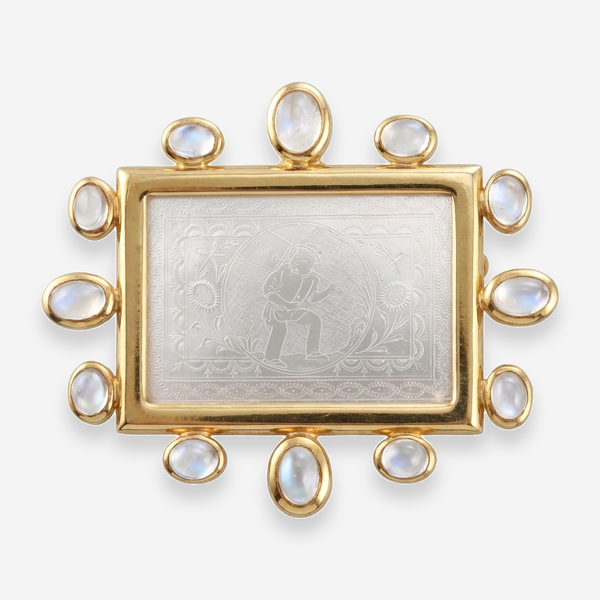 Elizabeth Locke 18K Yellow Gold Moonstone and Carved Mother of Pearl Gambling Counter Brooch OG-36174 - THE SOLIST