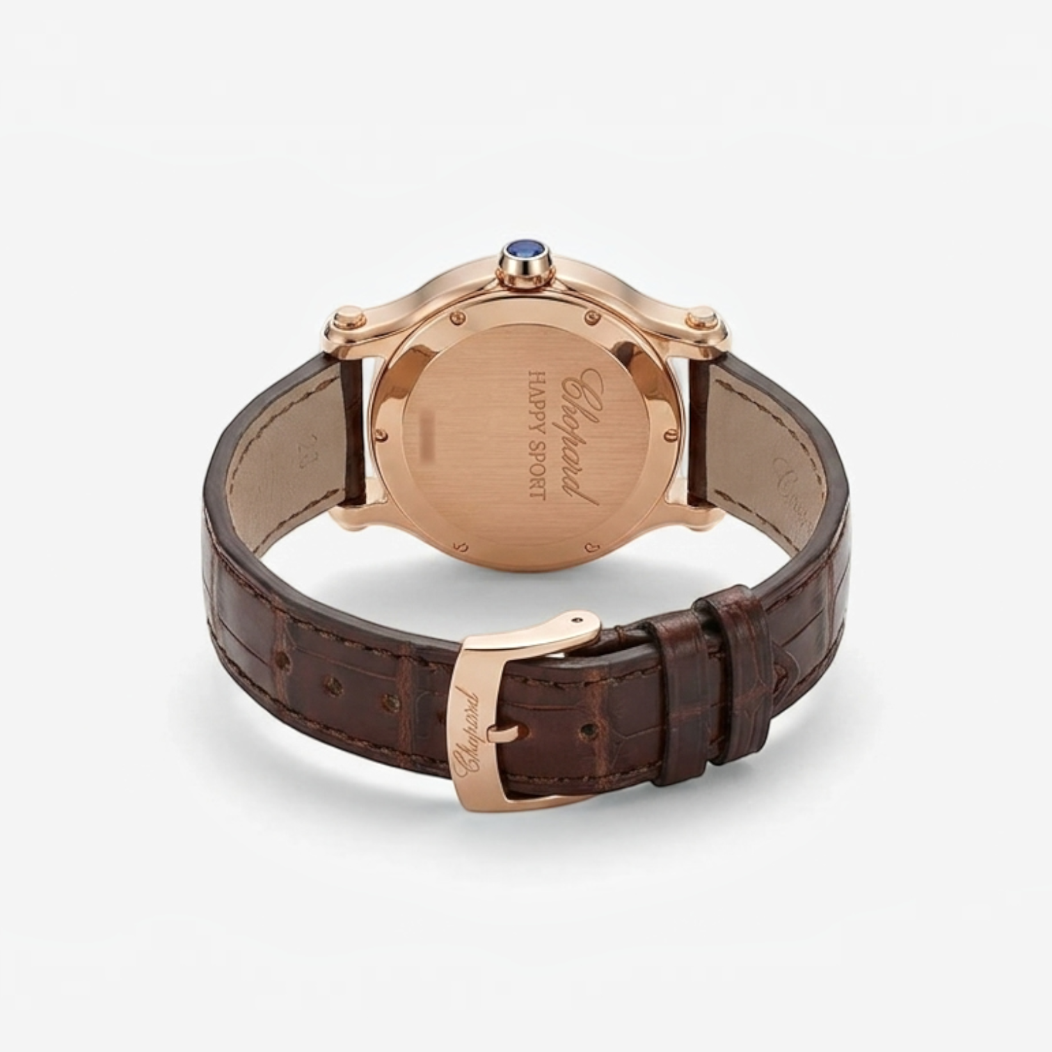 THE SOLIST Chopard Happy Sport oval watch case back in 18K rose gold with brown alligator leather strap